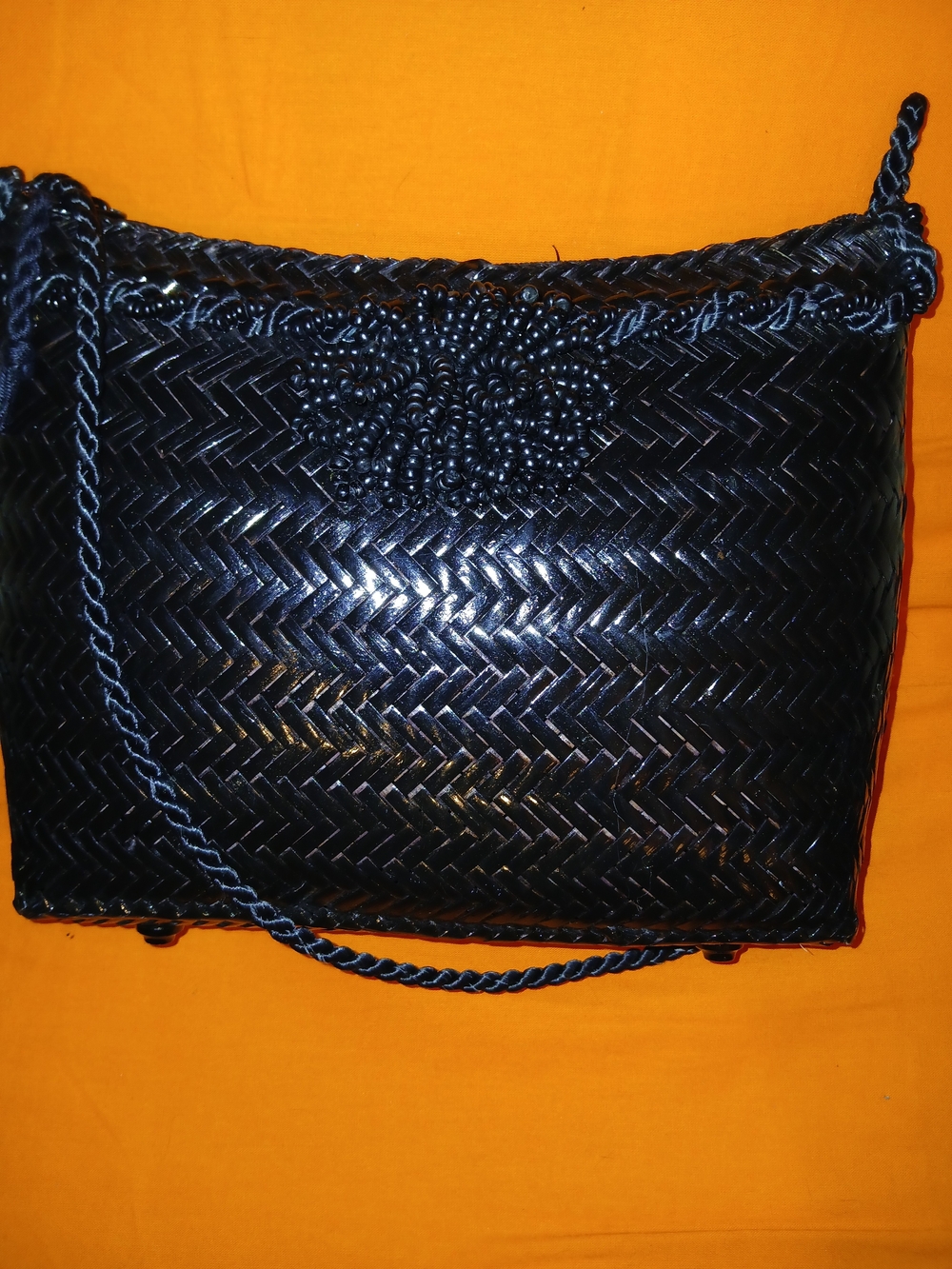 Woven Black Shoulder Bag with Beaded Detail
